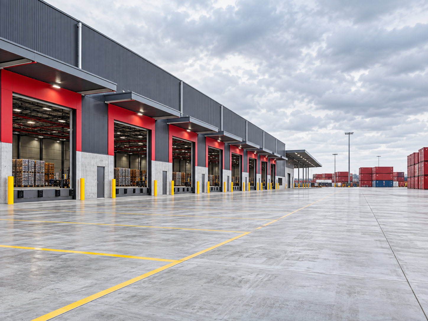 Large modern logistics warehouse with loading bays